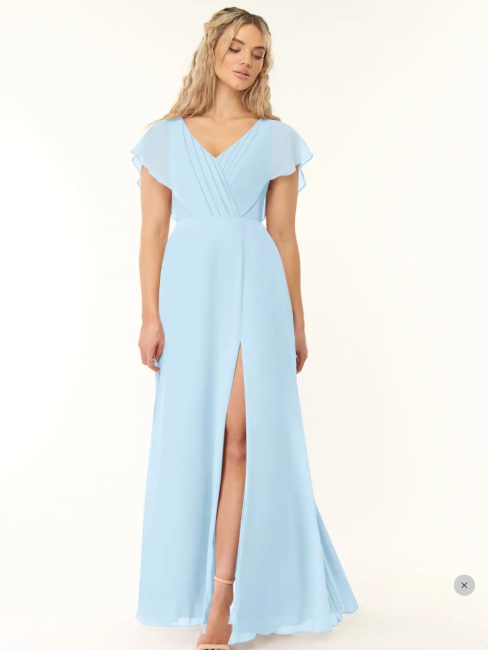 Azazie Light Blue V-Neck Flutter Sleeve Slit Maxi Dress in Style Rylee